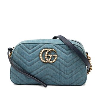 Gucci Tweedehands Kleine Gg Marmont Matelass&eacute; Denim Parel Crossbody