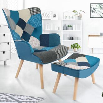 IDMarket Idmarket - ivar Poltrona scandinava con poggiapiedi in tessuto patchwork e velluto blu