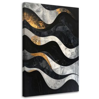 Feeby Cuadro Sobre Lienzo, Abstracci&oacute;n Geom&eacute;trica Estilo Glamour Dorado Y Negro Con Ondas, 80x120