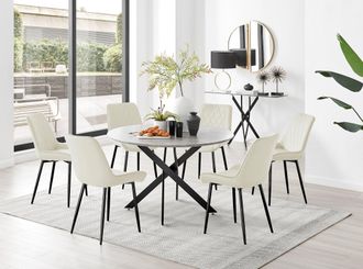 Furniturebox Novara Grey Concrete Effect Black Leg 120cm Round Dining Table & 6 Pesaro Black Leg Chairs in Cream