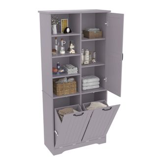 STILVORA Armario De Bano Con 1 Puerta, 6 Huecos, 2 Cestos Para Ropa Y Estantes Ajustables, En Mdf, Gris, 78&times;35&times;172 Cm