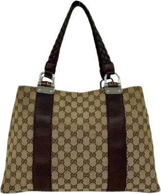 Gucci Pre-owned Shoulder Bags, female, Brown, Size: ONE SIZE Pre-owned Bamboo GG Logo Leather Tote Bag