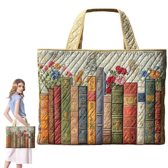 Generic Quilted Tote Bag, Embroidery Floral Bookish Patchwork Bags, Canvas Tote Bags for Women, Large Capacity Totes, Suitable for Office, Shopping, Appointme