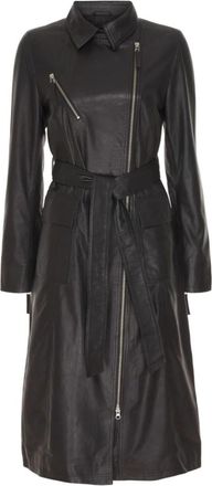 BTF-CPH Zwarte Lange Jas met Asymmetrische Rits - Dames - Jas met riem - Zwart - S - Leer - Jassen