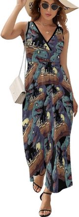 Generic Dinosaurs Playing Chess Womens Summer Sleeveless Dresses Casual Loose V Neck Sundress Ruffled Beach Formal Maxi Dress L