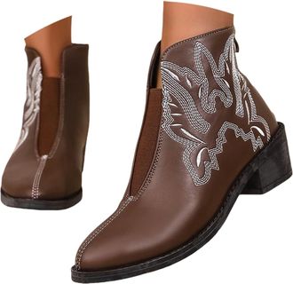 Generic Womens Cowboy Boots Western Cowboy Ankle Boots Embroidery Stitching Pointed Toe Hollowed Out Chunky Heel Short Boots Red Brown And Black Womens Winter