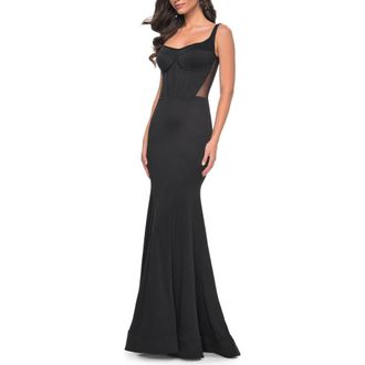 La Femme Mermaid Jersey Gown with Bustier Top and Lace Up Back in Black at Nordstrom, Size 16