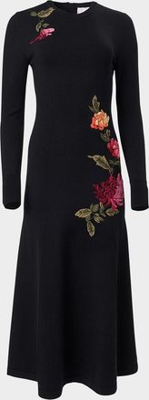 Carolina Herrera Floral Embroidered Long-Sleeve Midi Dress