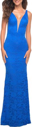 La Femme Chic Stretch Lace Gown with Deep V Neckline in Royal Blue at Nordstrom, Size 00