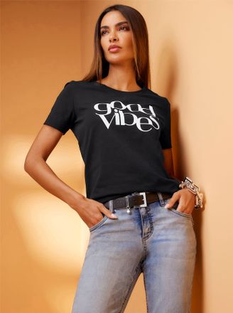 Heine T-Shirt HEINE Shirt, Damen, Gr. 36, schwarz, 95% Baumwolle, 5% Elasthan, gemustert, unifarben, Rundhals, Shirts T-Shirt