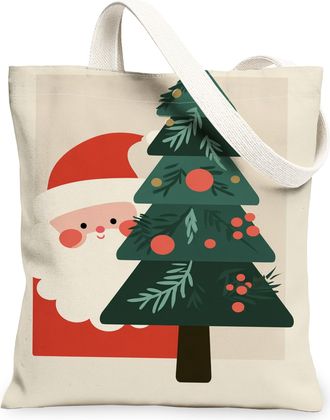 Generic Christmas Canvas Tote Bags, Festive Holiday Tree Design Reusable Shopping Bags, Cute Seasonal Lightweight Washable Shoulder, Beige, 13x15 Inch