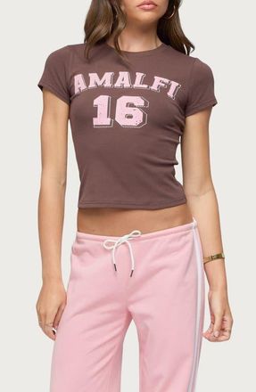 Edikted Amalfi Contrast Stretch Cotton Blend Crop Graphic T-Shirt in Brown at Nordstrom, Size X-Large