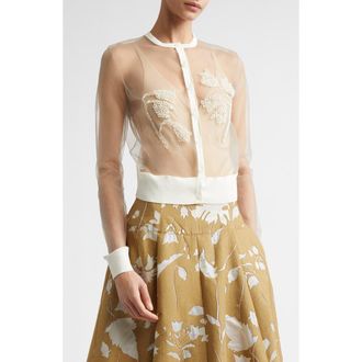 Lela Rose Floral Beaded Sheer Cardigan in Cream at Nordstrom, Size Large