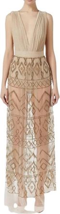 Elisabetta Franchi Ab 423 32E2 V1100 Maxi Jurk - Dames - Maxi kleedjes - Beige - L - Kleedjes