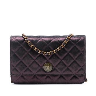 Chanel Pre-owned Womens Quilted Iridescent Lambskin Tartan Button Wallet On Chain - Dark Grey Leather - One Size