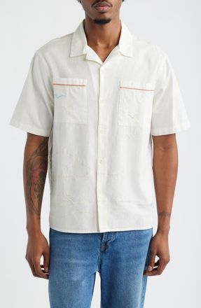 Wax London Didicot Summer Appliqu&eacute; Cotton & Linen Camp Shirt in Ecru at Nordstrom, Size Xx-Large