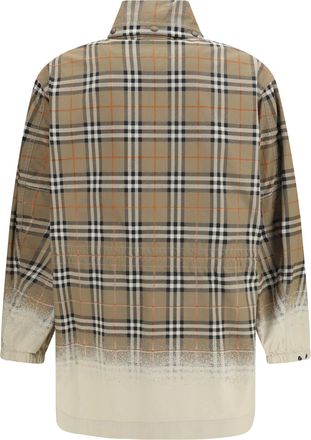 Burberry Mens Gabardine Parka With Faded Check Print Taupe Cotton Jacket