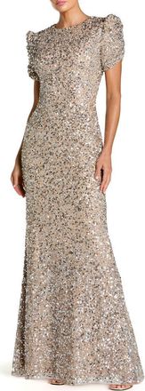 Mac Duggal Womens Embellished Mesh High-Neck Short Sleeve Gown in Nude Silver at Nordstrom, Size 12