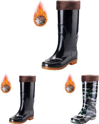 Generic Warm Waterproof Boots Mens Fleece Lined Rain Boots Women Unisex Garden Wellies Couple Farming Wellies Non Slip Fishing Boot Fully Knee High Wellington