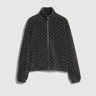 Gucci GG Wool Fleece Jacquard Zip Jacket, Size XXXL, Grey