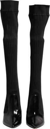 Dolce & Gabbana Black Leather Ribbed Knit Knee Boots Womens Shoes (Pre-Owned)