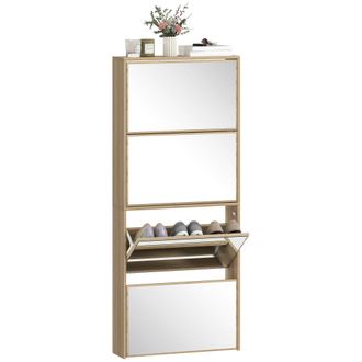 OEM Zapatero Estrecho Con Espejo Y 4 Puertas Abatibles Para 12 Pares De Zapatos 63x17x146 Cm Natural