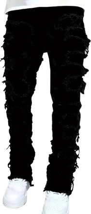 Generic Mens Slim Fit Denim Pants Stacked Frayed Straight Leg Jeans Stretch Distressed Skinny Patchwork Trousers