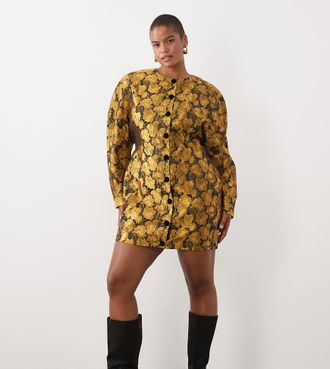Asos Curve ASOS DESIGN Curve vestito corto strutturato con bottoni, girocollo, a fiori dorato-Multicolore