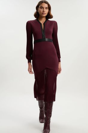 Karen Millen Womens Woven Sleeved Pleated Dress With Pu - Burgundy viscose - Size X-Small