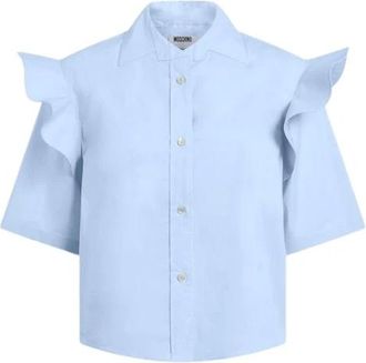 Moschino Overhemden, Dames, Blauw, XL, Katoen, Katoenen poplin overhemd met ruches