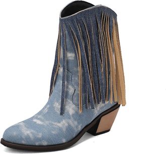 Generic Womens Denim Fringe Western Boots Pointed Toe Block Heels Tie-Dye Pattern Mid-Calf Height Comfortable Stylish For Casual Daily Wear,Light Blue,5.5 UK