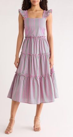 Sugarlips Valda Mixed Stripe Tiered Cotton Sundress in Pink-Green-Multi at Nordstrom, Size X-Small