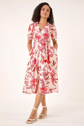 Roman Floral Tie Waist Shirt Dress