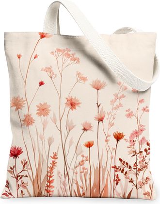 Generic Floral Canvas Tote Bags, Vintage Flower Design Lightweight Washable Reusable Grocery Bags for Spring Outdoor Travel Beach P, Peach, 13x15 Inch