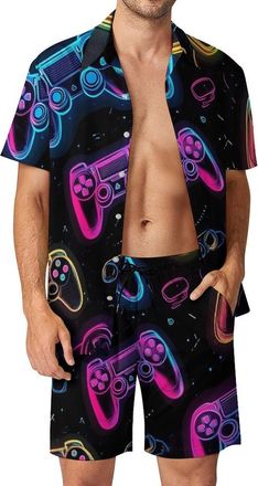 Generic Mens Hawaiian Neon Game Print Shirt and Shorts Set - Tropical Vacation Outfit for Beach and Casual Wear 2XL