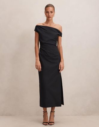 Forever New vestito midi in cotone con spalle scese effetto lino nero