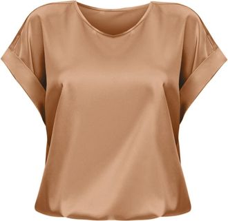 Generic Ladies Short Sleeve Tops, T Shirt For Women Uk, Casual Roll Up Sleeve T-Shirt Lightweight Satin Summer Blouses Loose Top Solid Color Round Neck Tops S