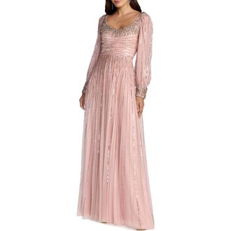 Mac Duggal Embellished Long Sleeve Scoop Neck A-Line Gown in Light Rose at Nordstrom, Size 16