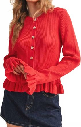 Merci Catch My Charm Ruffle Hem Sweater Cardigan In Poppy Red
