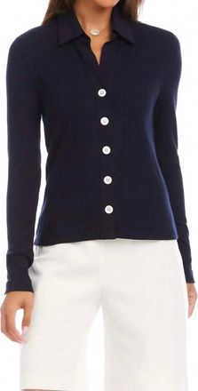 Karen Kane Ribbed Long Sleeve Button Front Top In Navy