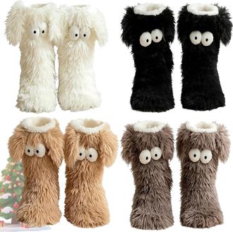 Generic Cozy Socks, Womens Winter Warm Fuzzy Non-Slip Slipper Socks with Cute Big Eyes, Thick Fleece Indoor Home Floor Socks (Brown) (All(4pcs))