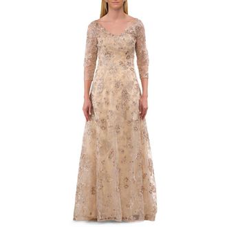 La Femme Lace Mother of the Bride Gown with V Neckline in Champagne at Nordstrom, Size 6