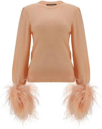 Gucci Wollen Trui met Veren Details - Dames - Ronde hals truien - Roze - M - Wol - Truien & Vesten