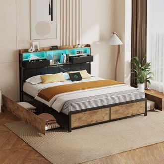 OEM Cama Lit 140x200 Cm Doble Negra Con Led Rgb, Almacenamiento Y Somier Incluidos - Marco De Pu/madera/metal