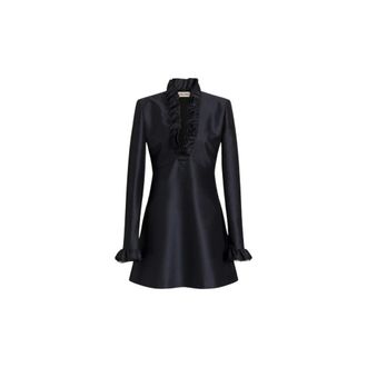 Alberta Ferretti Korte jurk van wol en zijde met ruches - Dames - Feestkleedjes - Blauw - M - Wol - Kleedjes