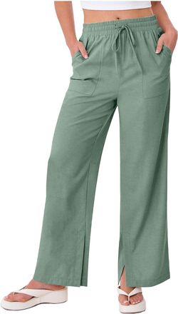 Generic Ladies Trousers Linen Trousers Womens Wide Leg Cotton Spring Summer Trouser with Pockets Casual Elasticated Waist Palazzo Pants Fashion Loose Straight