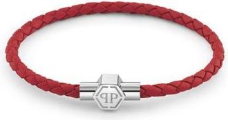 Philipp Plein Leather Stainless Steel Bracelet Plein Tag Men in Red/silver at Nordstrom, Size Small