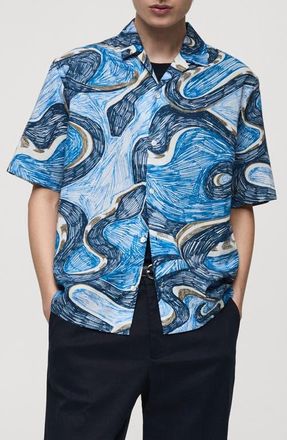 Mango Regular Fit Print Camp Shirt in Blue at Nordstrom, Size Large