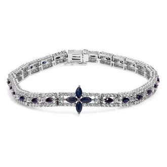 House of Brilliance Sterling Silver Dark Blue Sapphire and Topaz Marquise Floral Art Deco Link Bracelet at Nordstrom