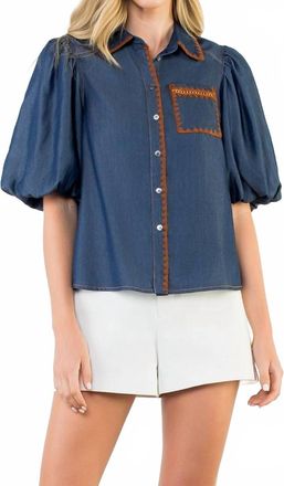 THML Clothing Stitched In Style Puff Sleeve Denim Top In Blue